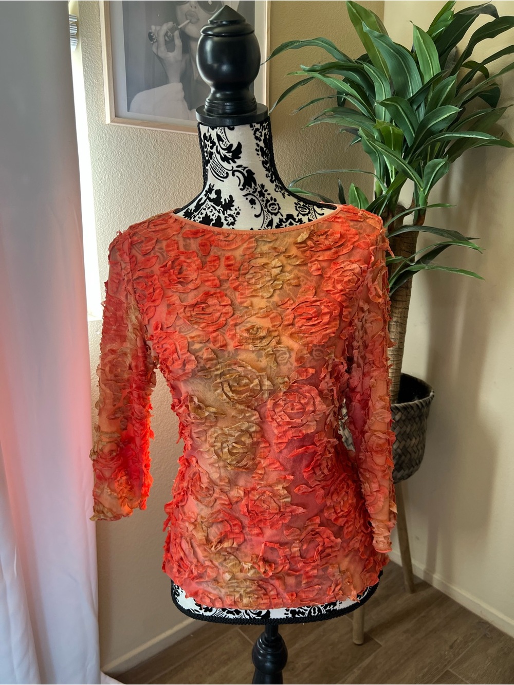 SNO SKINS Orange and Gold Floral Appliqué Sheer Long Sleeve Top